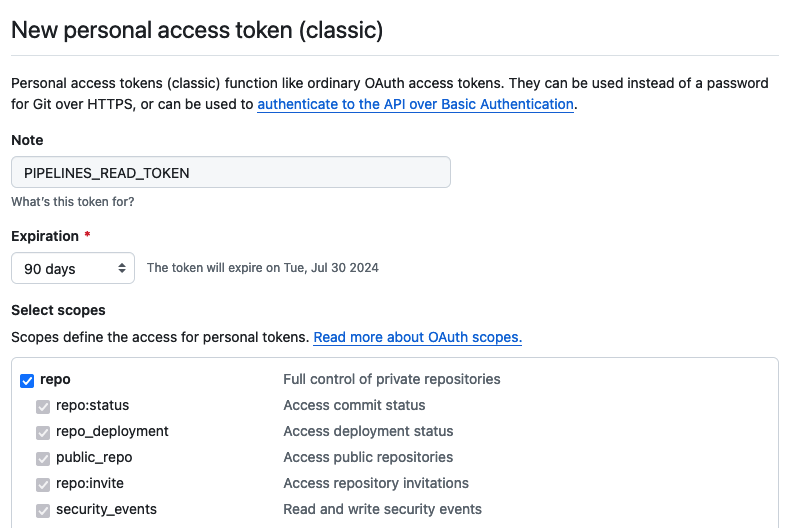 PIPELINES_READ_TOKEN PAT Configuration