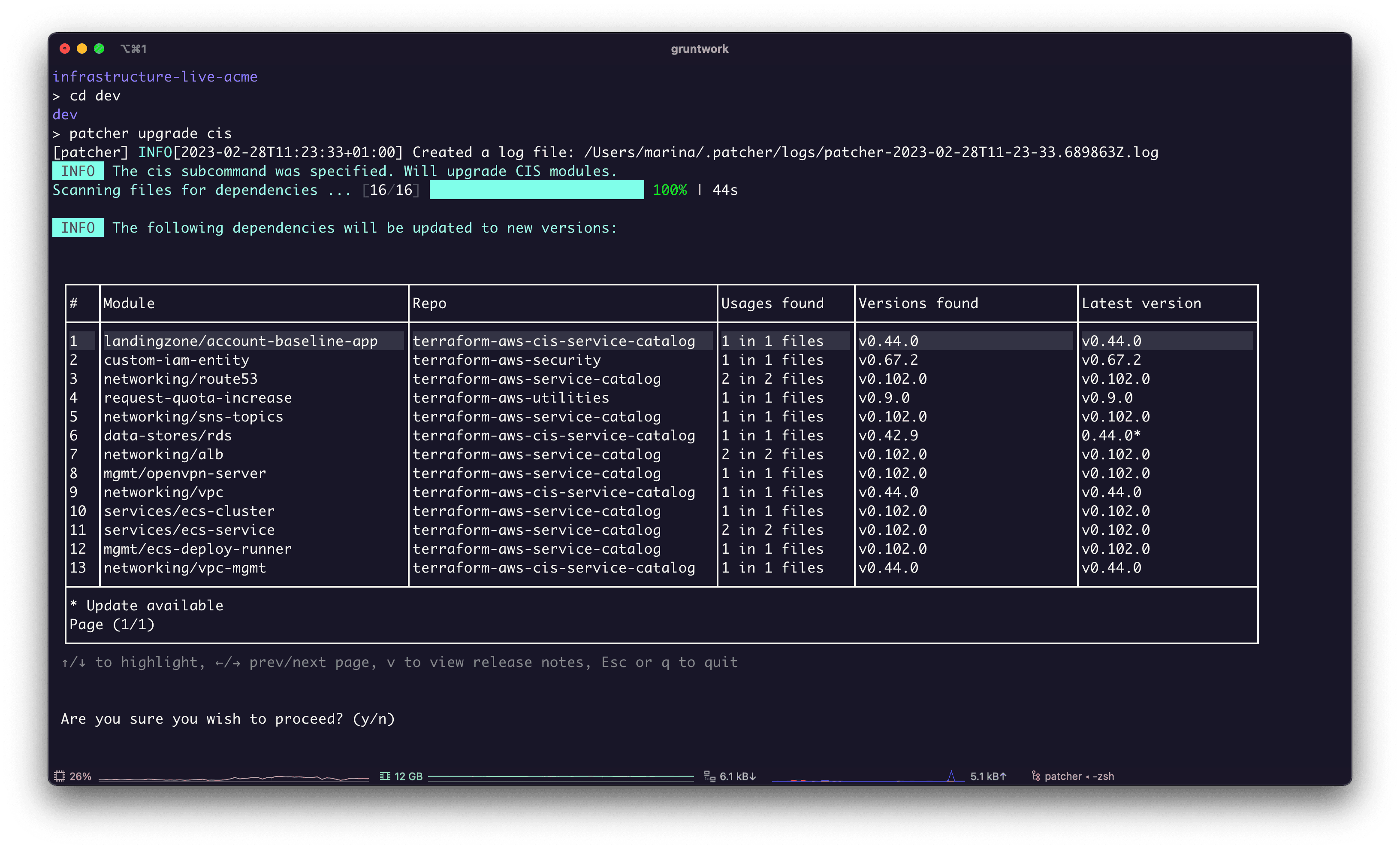 Screenshot of Patcher with a list of modules in an infrastructure-live repo.
