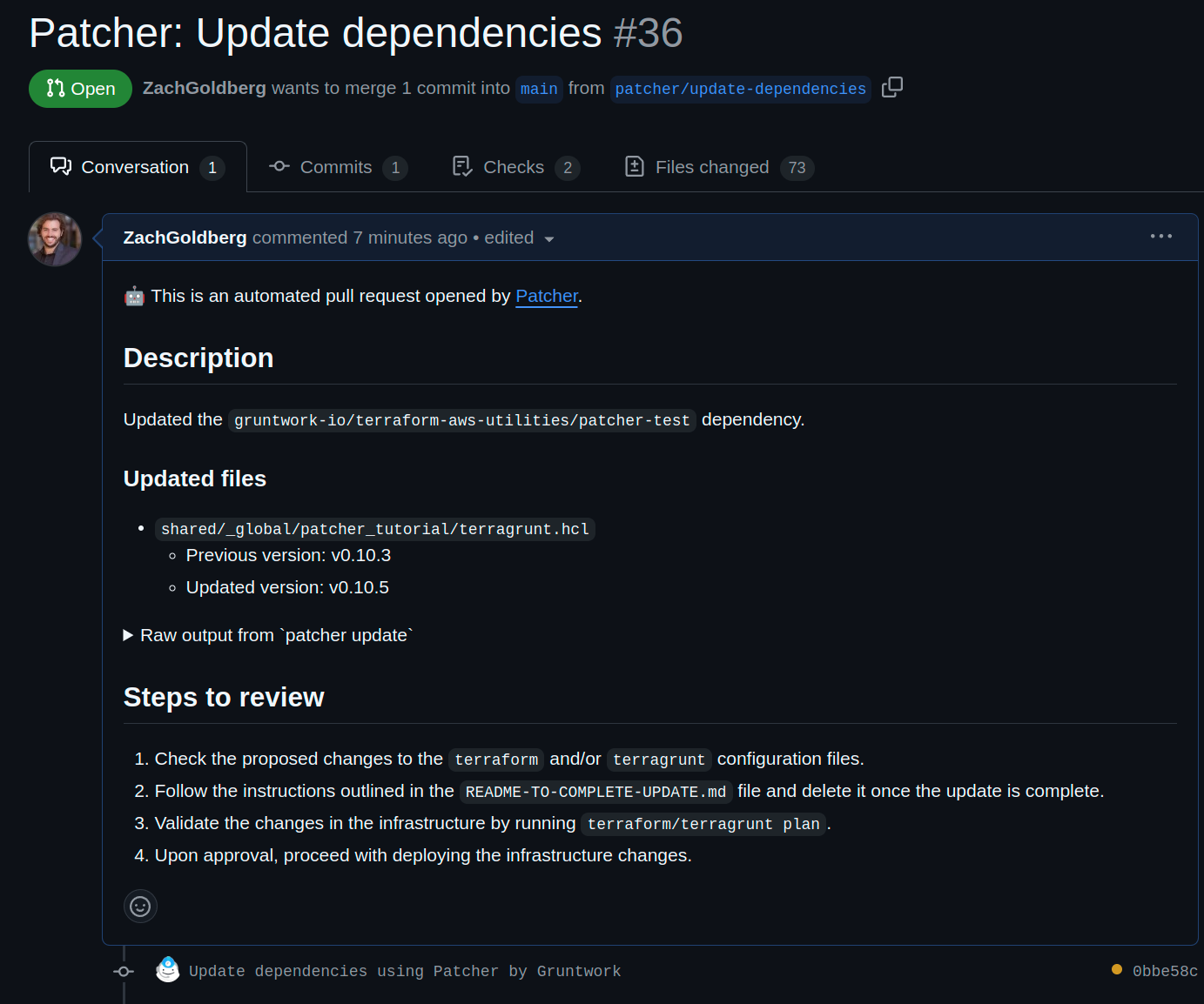 The pull request Patcher created, complete with details of what was patched.