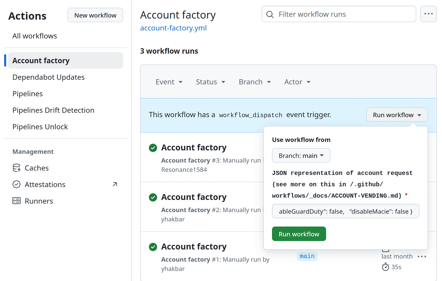 Screenshot of Gruntwork AWS Account Factory Workflow Dispatch