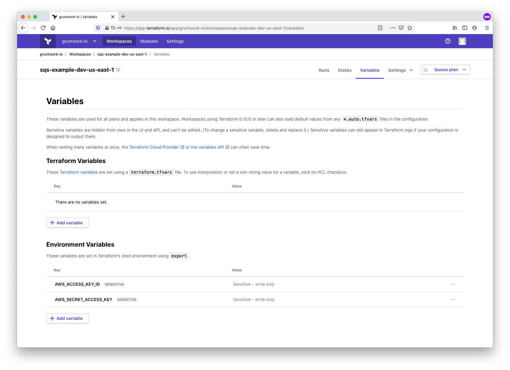 Configure AWS API credentials as environment variables in the workspace