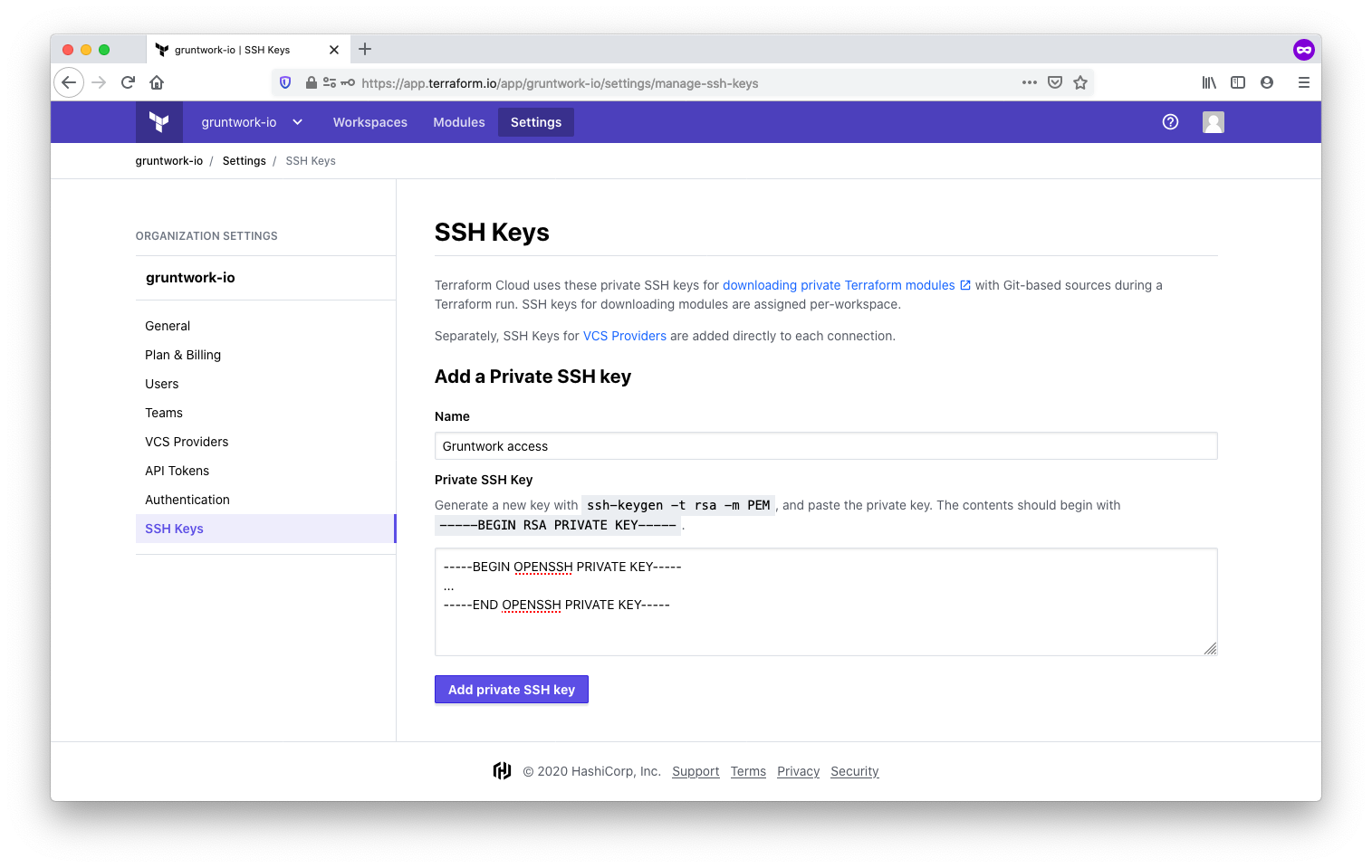 Configuring an SSH key for the TFC organization